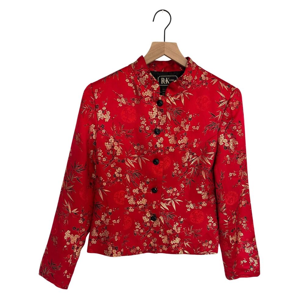 R&K Evening Red Silk Blazer Cherry Blossom Pattern Button Down Mandarin Collar S